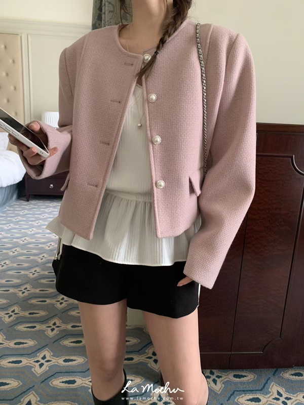 無領珍珠扣小香外套